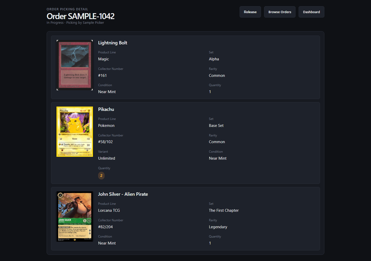 Loot Singles order detail screen showing sample-order cards and their set, condition, variant, and quantity details.